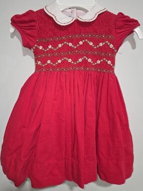 Anavini Girls' Red Smocked Dress with White Peter Pan Collar